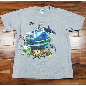 Vtg Y2K Six Flags Looney Tunes T-Shirt gray marine world single stitch M Medium